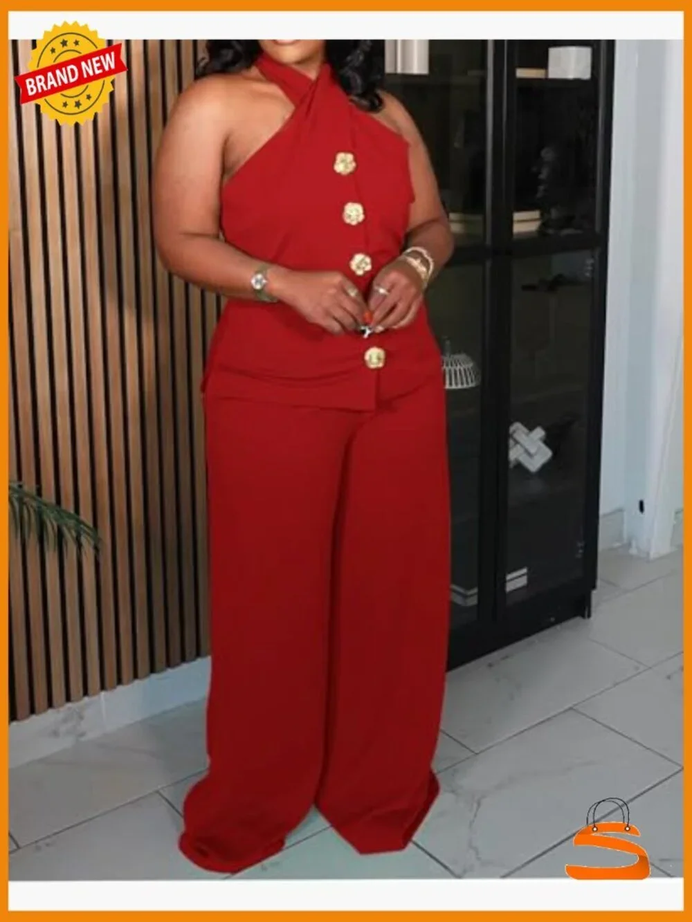 Plus Size Two Piece Suit Set Halter Vest Wide Leg Pants Business Casual